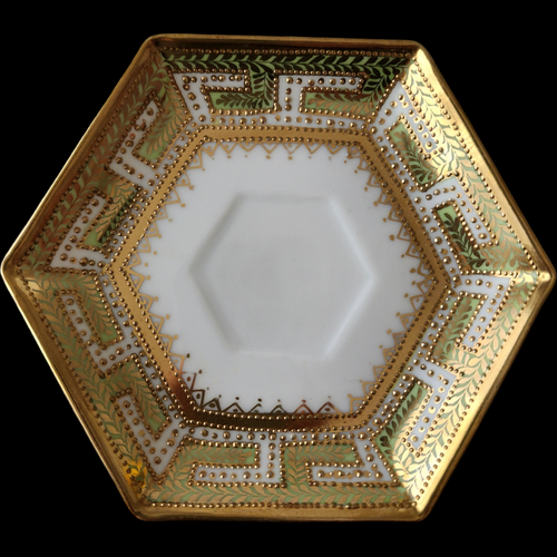 Antique Nippon RC Hexagonal Saucer – Hand Painted Green & Gold Moriage Beaded Porcelain Japan Circa 1911–1921