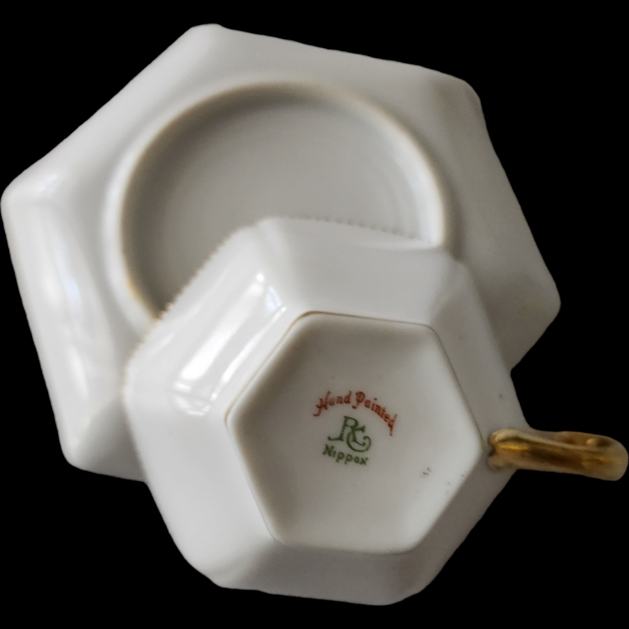 Antique Nippon RG Hand Painted Gold & Green Cup & Saucer Set – Hexagonal Porcelain, Circa 1911-1920