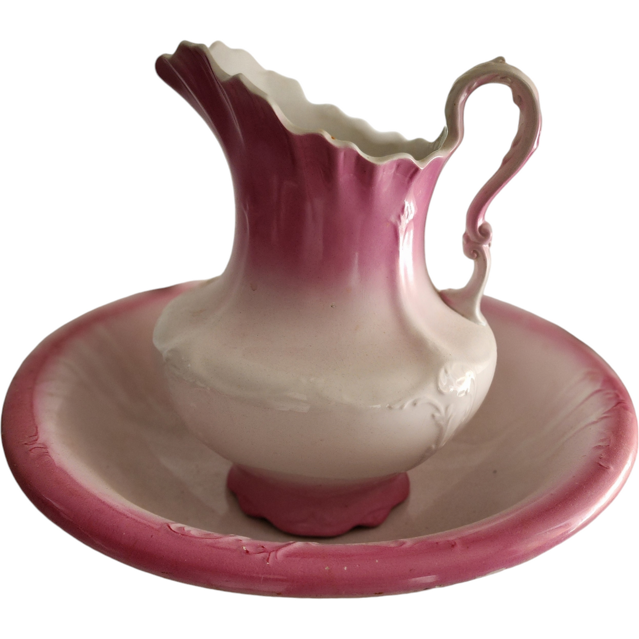 Antique Pink & White Victorian Wash Basin and Pitcher Set Embossed Ceramic, c.1900