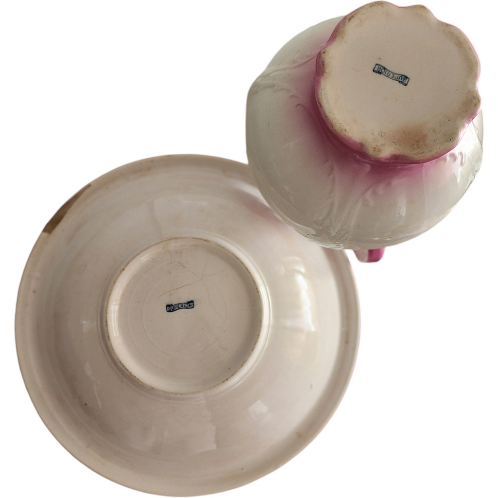 Antique Pink & White Victorian Wash Basin and Pitcher Set Embossed Ceramic, c.1900