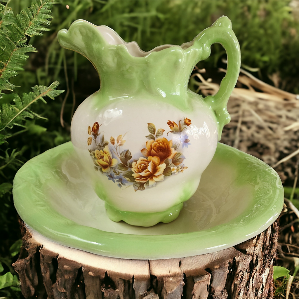 Antique Pistachio White Floral Porcelain Wash Stand Set Pitcher & Bowl