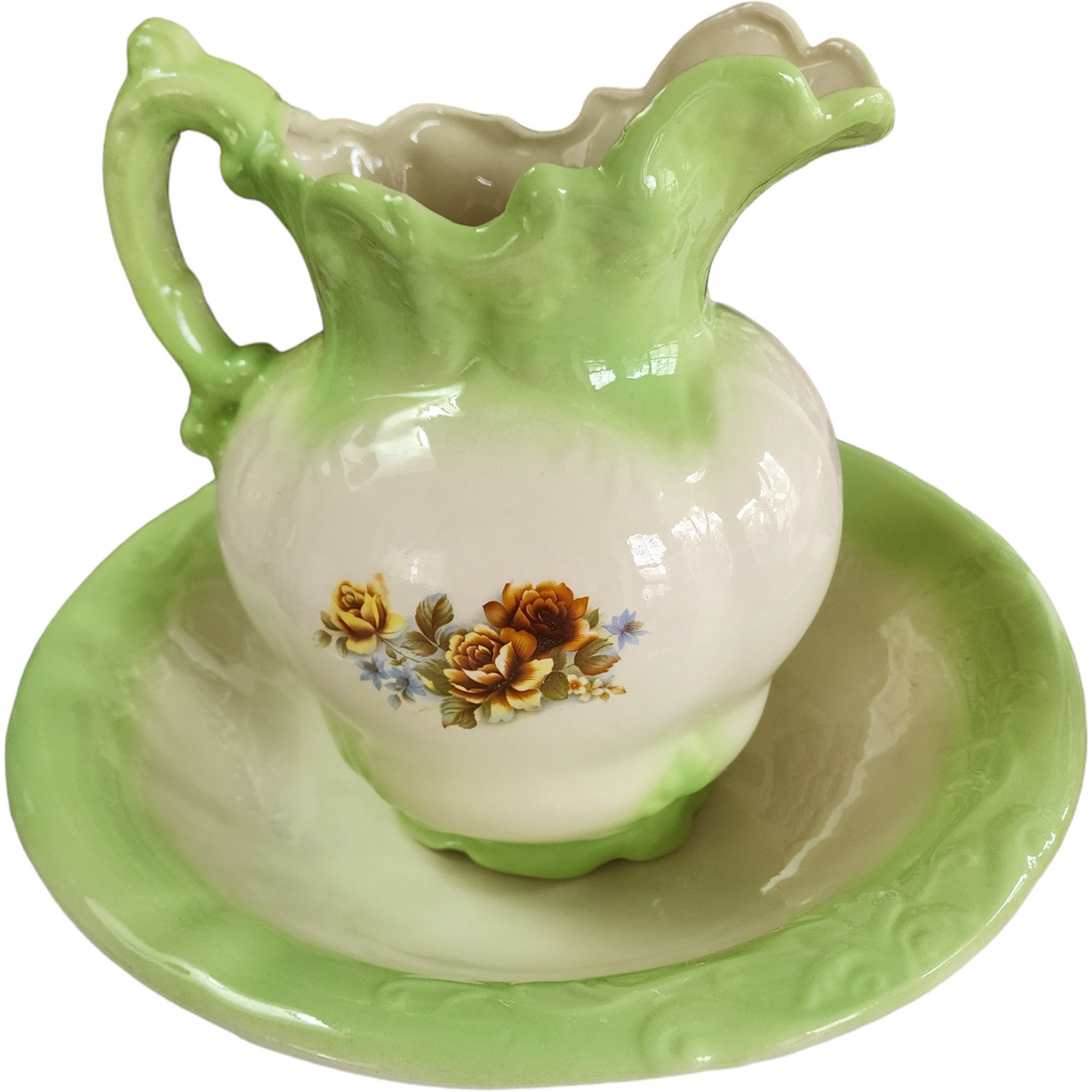 Antique Pistachio White Floral Porcelain Wash Stand Set Pitcher & Bowl