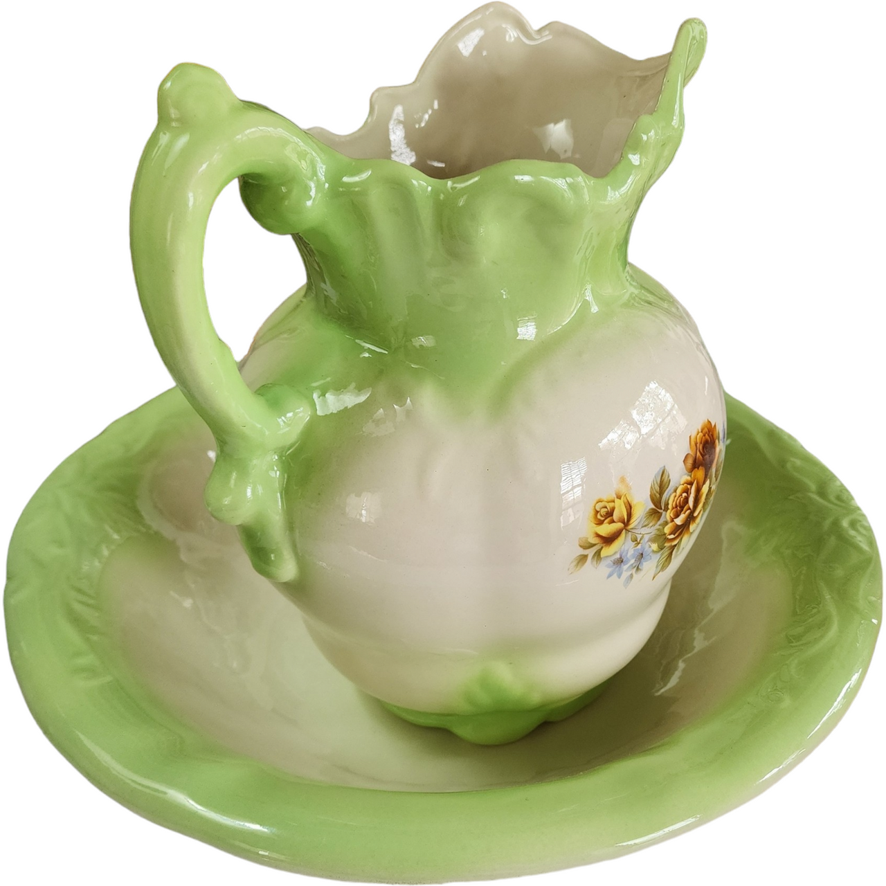 Antique Pistachio White Floral Porcelain Wash Stand Set Pitcher & Bowl