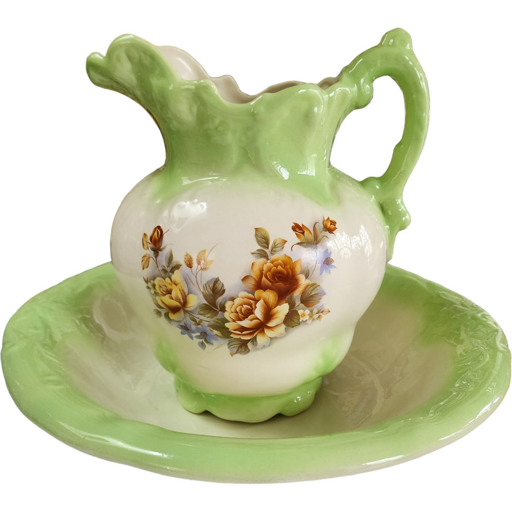 Antique Pistachio White Floral Porcelain Wash Stand Set Pitcher & Bowl