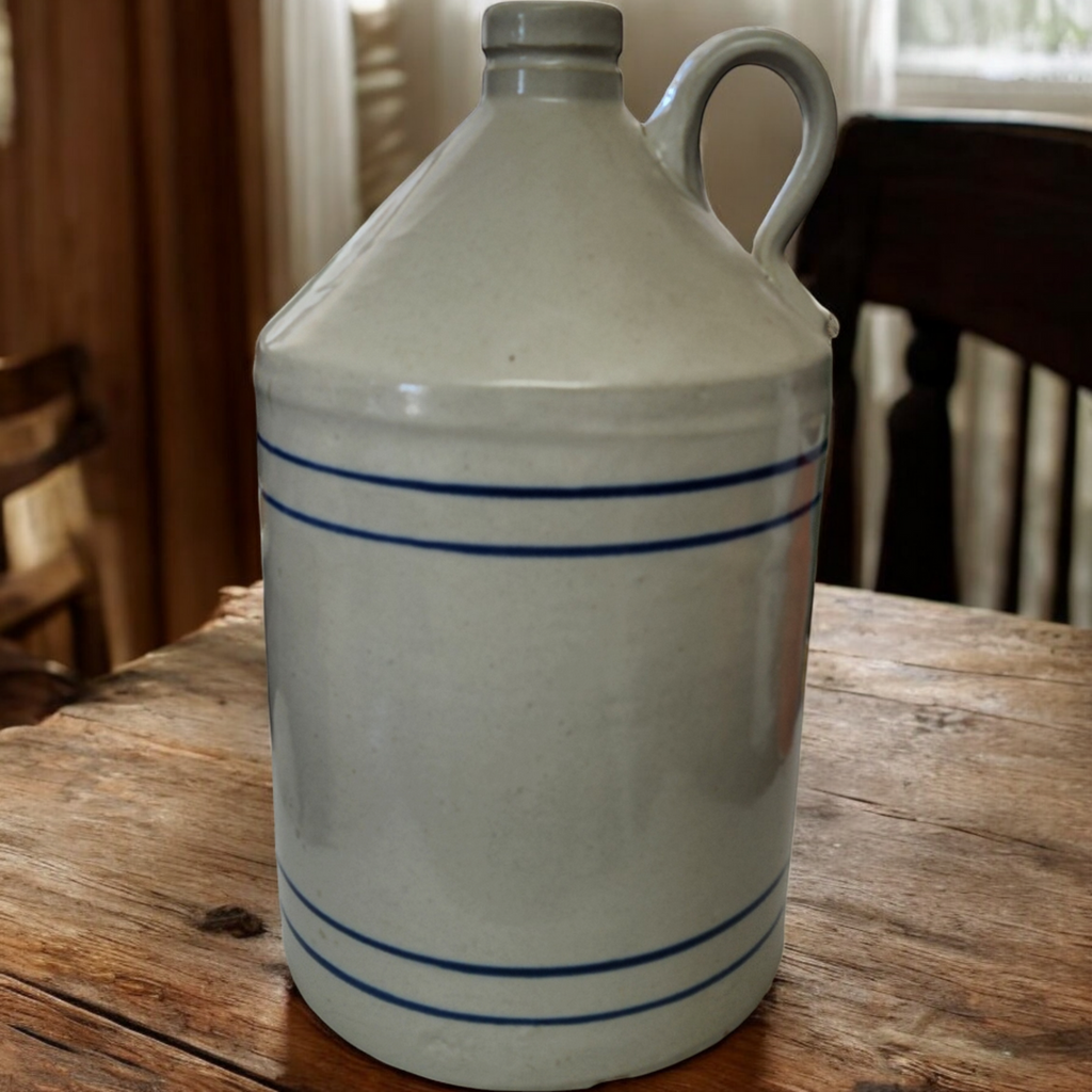 Antique American Pottery Stoneware Blue Band Stripes Crock Jug with Handle