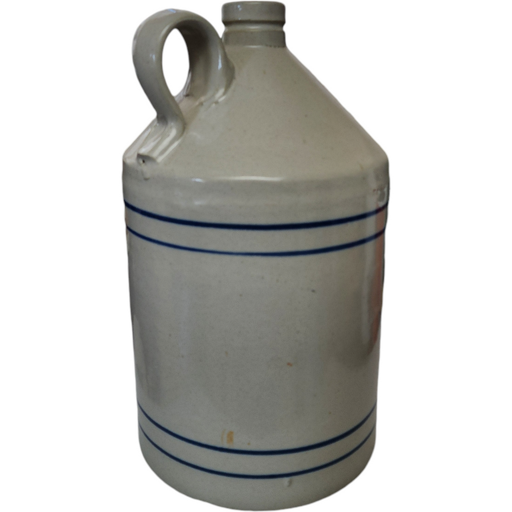 Antique American Pottery Stoneware Blue Band Stripes Crock Jug with Handle