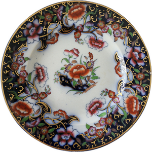 Antique Ridgway & Abington Smyrna Ironstone Plate Flow Blue Polychrome Floral & Gilt 19th Century English China
