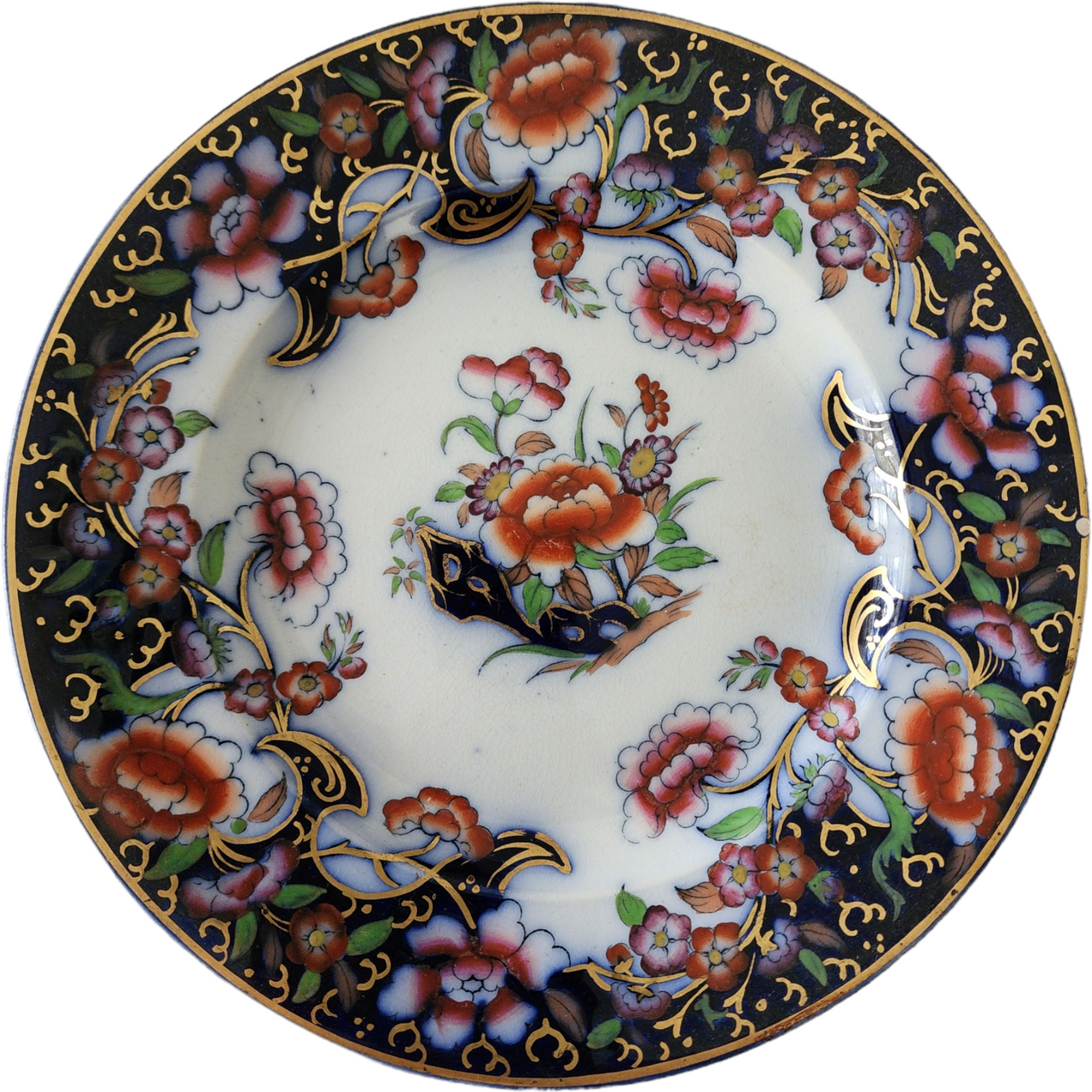 Antique Ridgway & Abington Smyrna Ironstone Plate Flow Blue Polychrome Floral & Gilt 19th Century English China