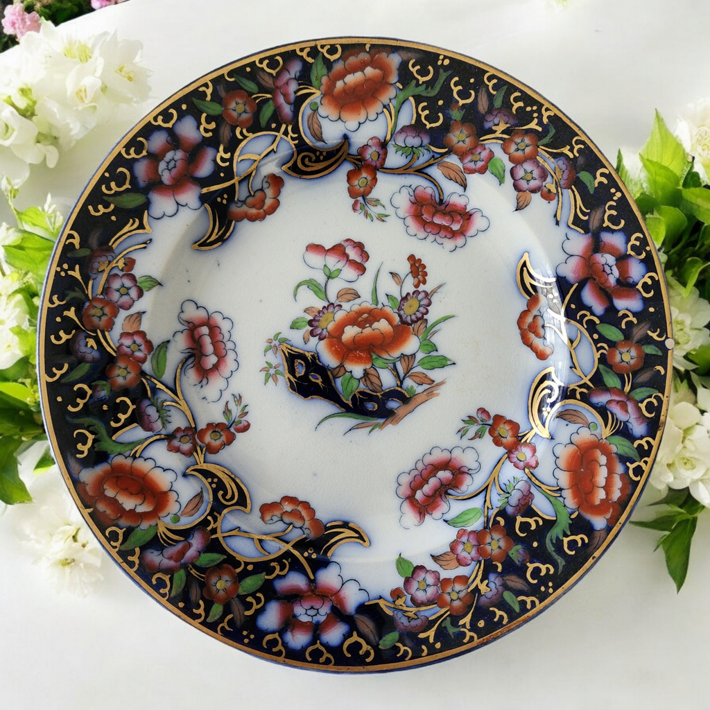 Antique Ridgway & Abington Smyrna Ironstone Plate Flow Blue Polychrome Floral & Gilt 19th Century English China