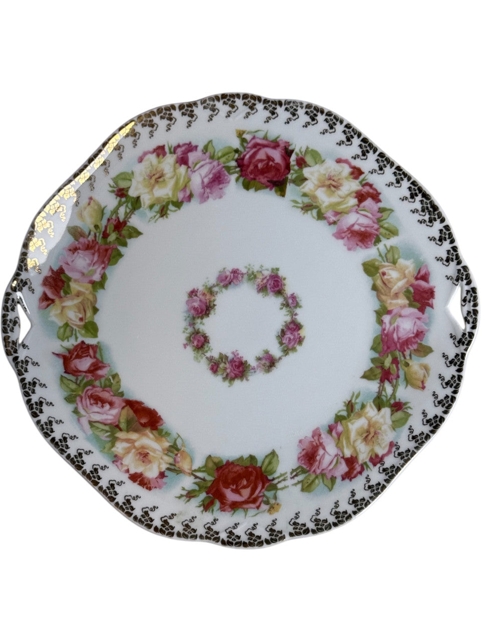 Antique Silesia Porcelain Plate with Hand Painted Roses & Gold Gilt Scalloped Edge Decorative Plate Circa Early 1900s