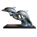 Antique Solid Bronze Twin Dolphins Sculpture on Wooden Pedestal Base