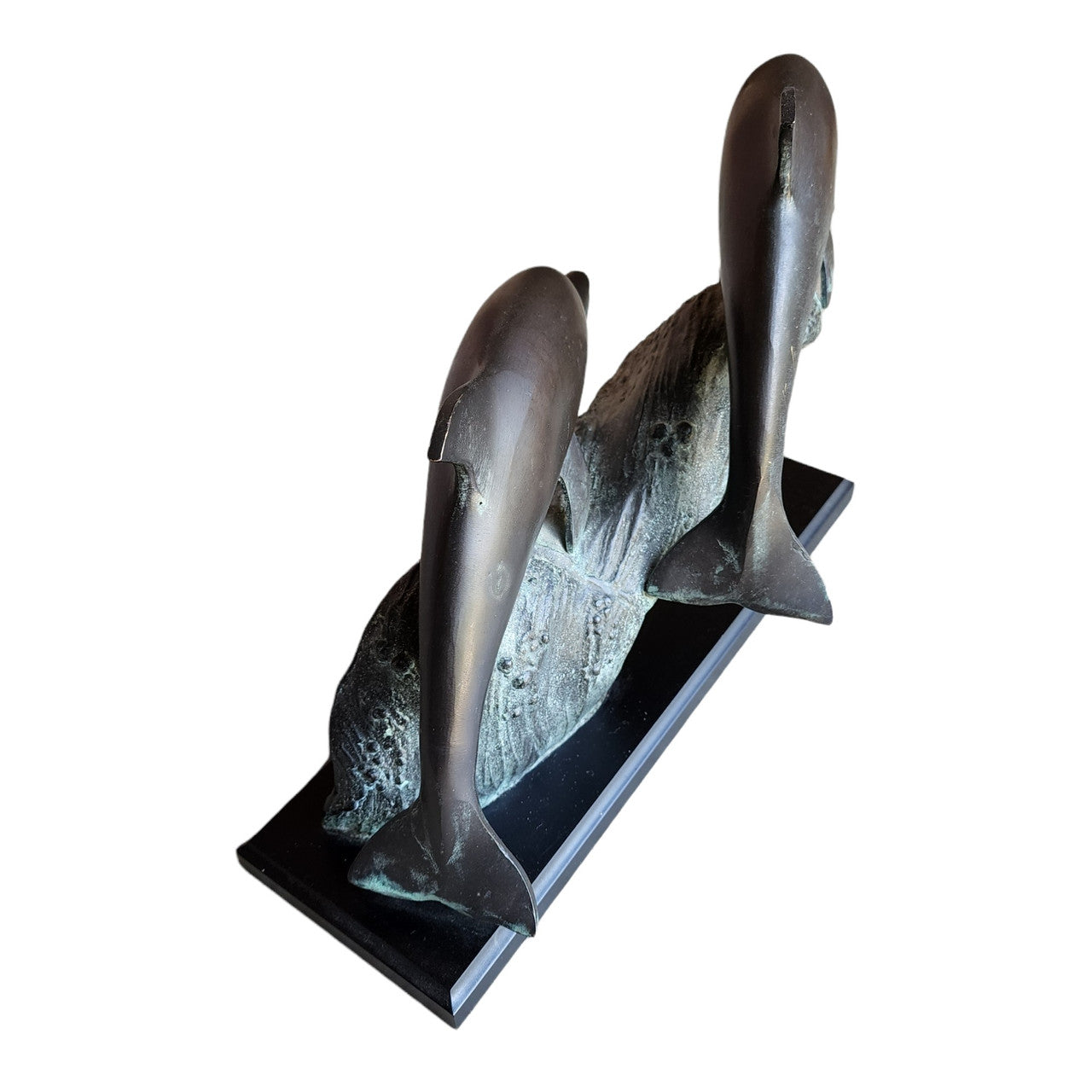 Antique Solid Bronze Twin Dolphins Sculpture on Wooden Pedestal Base