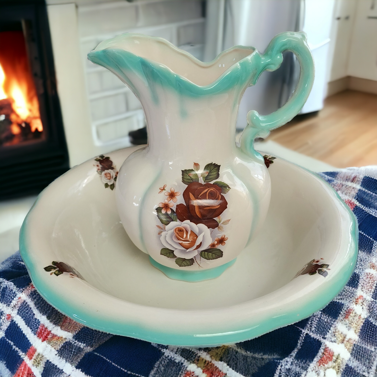 Antique Teal Green Floral Porcelain Wash Stand Set Pitcher & Bowl