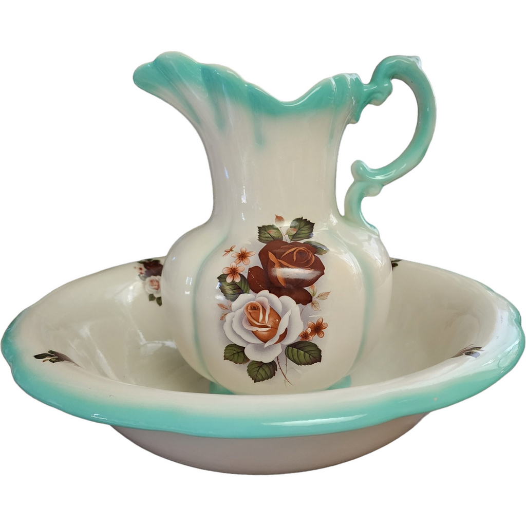 Antique Teal Green Floral Porcelain Wash Stand Set Pitcher & Bowl