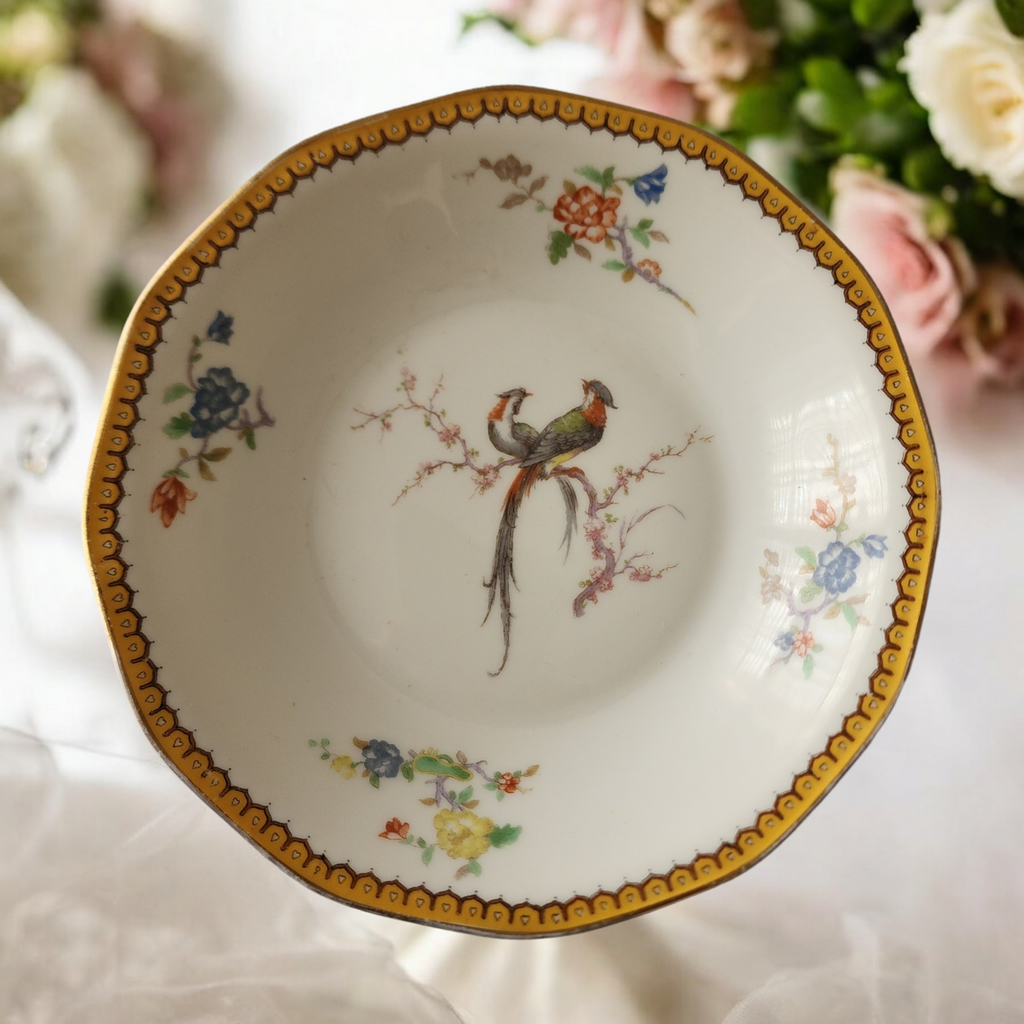 Antique Theodore Haviland Limoges France Coupe Soup Bowl Bird & Floral with Gold Trim Early 1900s Porcelain