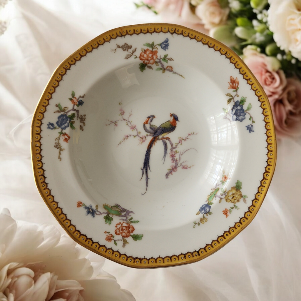Antique Theodore Haviland Limoges France Rim Soup Bowl Bird & Floral with Gold Trim Early 1900s Porcelain