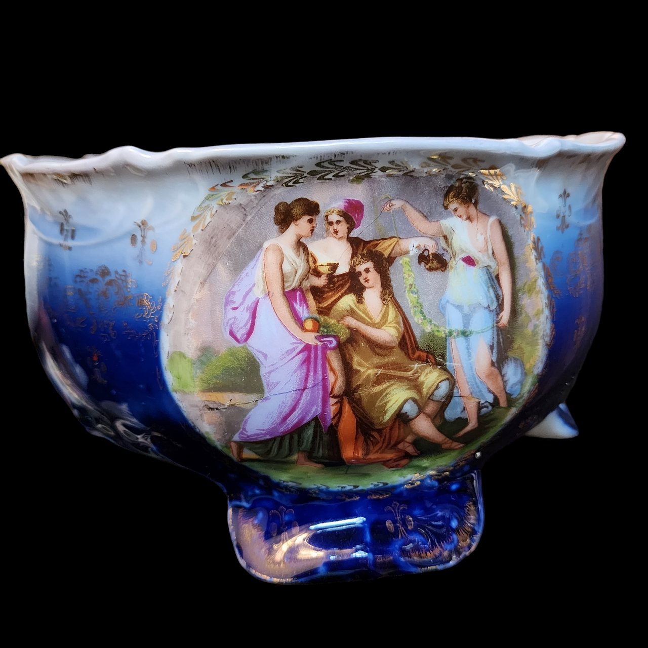 Antique Victoria 1891-1918 Carlsbad Cobalt Large Footed Vase Bowl