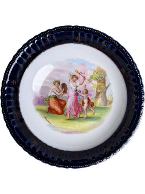 Antique Victoria Austria Cobalt Blue Porcelain Plate Hand Painted Classical Scene with Cupid Gold Trim Altrohlau ca. 1891-1918