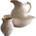 Antique White Floral Pitcher & Wash Basin with Small Vase Embossed Gold Flowers Victorian Style