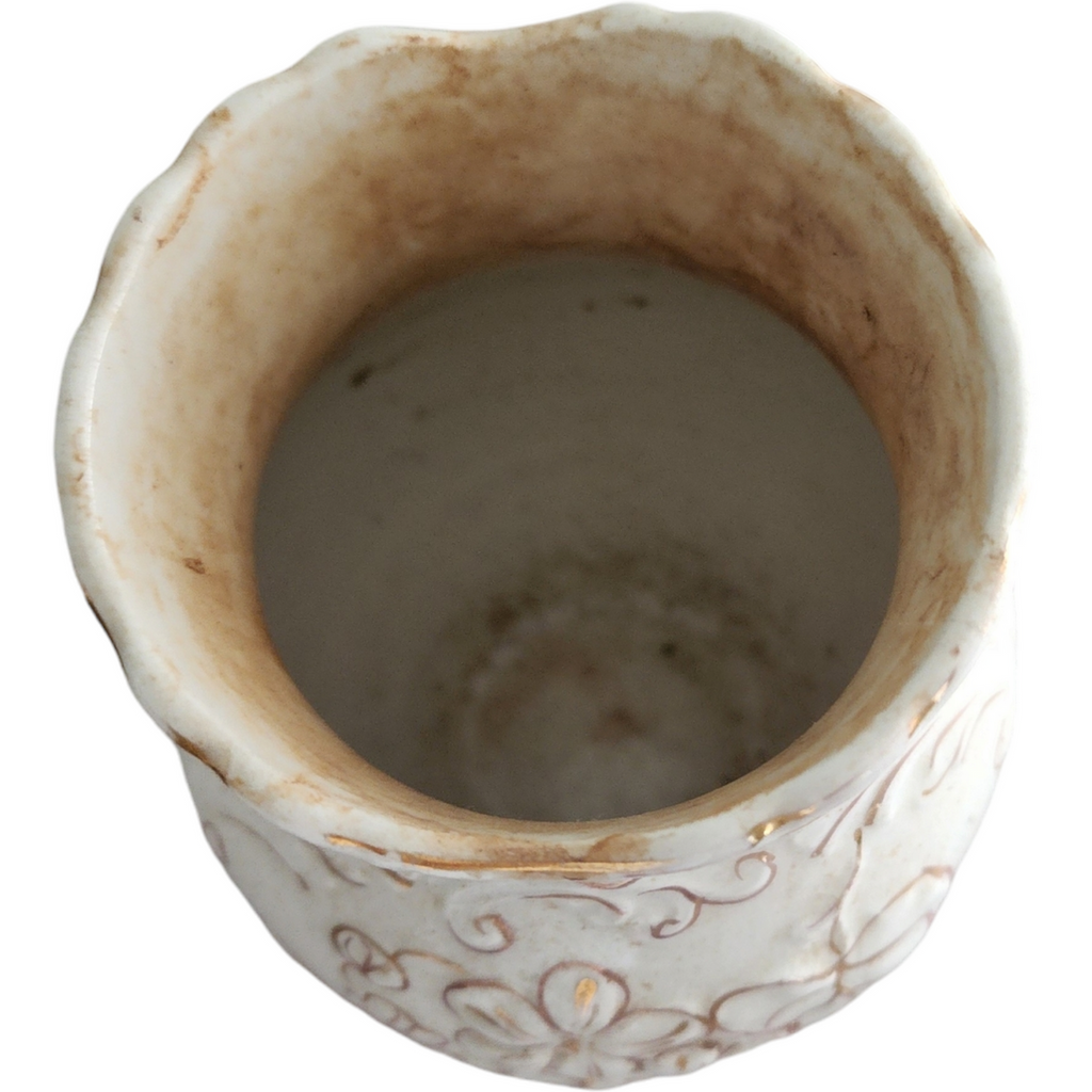 Antique White Floral Pitcher & Wash Basin with Small Vase Embossed Gold Flowers Victorian Style