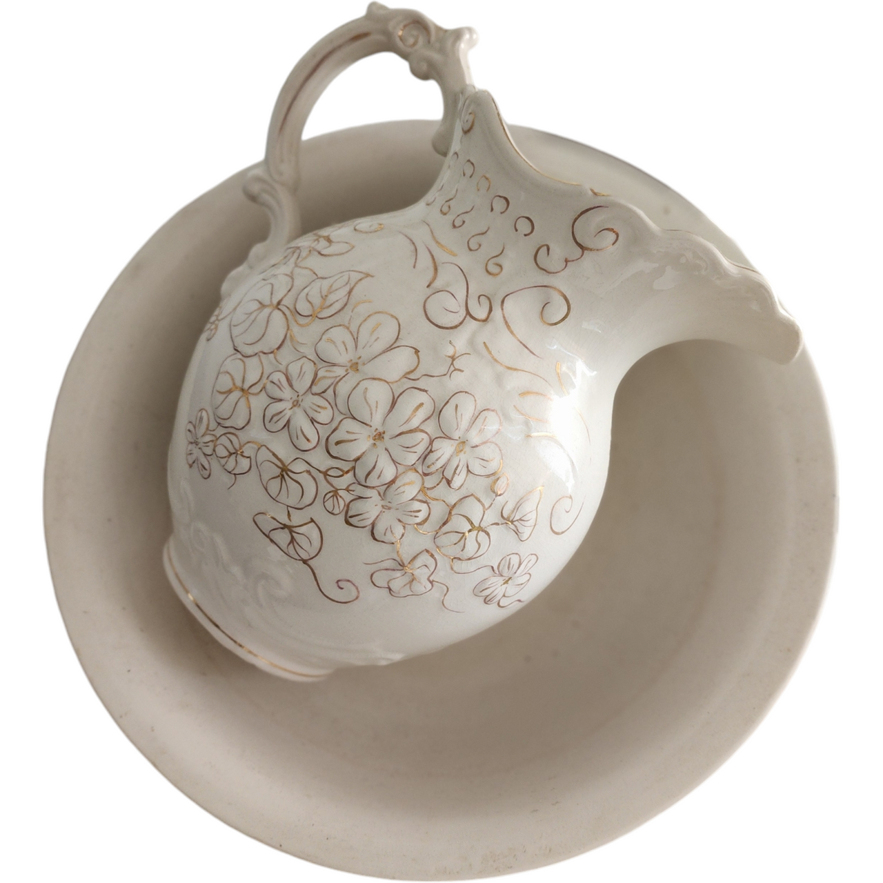 Antique White Floral Pitcher & Wash Basin with Small Vase Embossed Gold Flowers Victorian Style