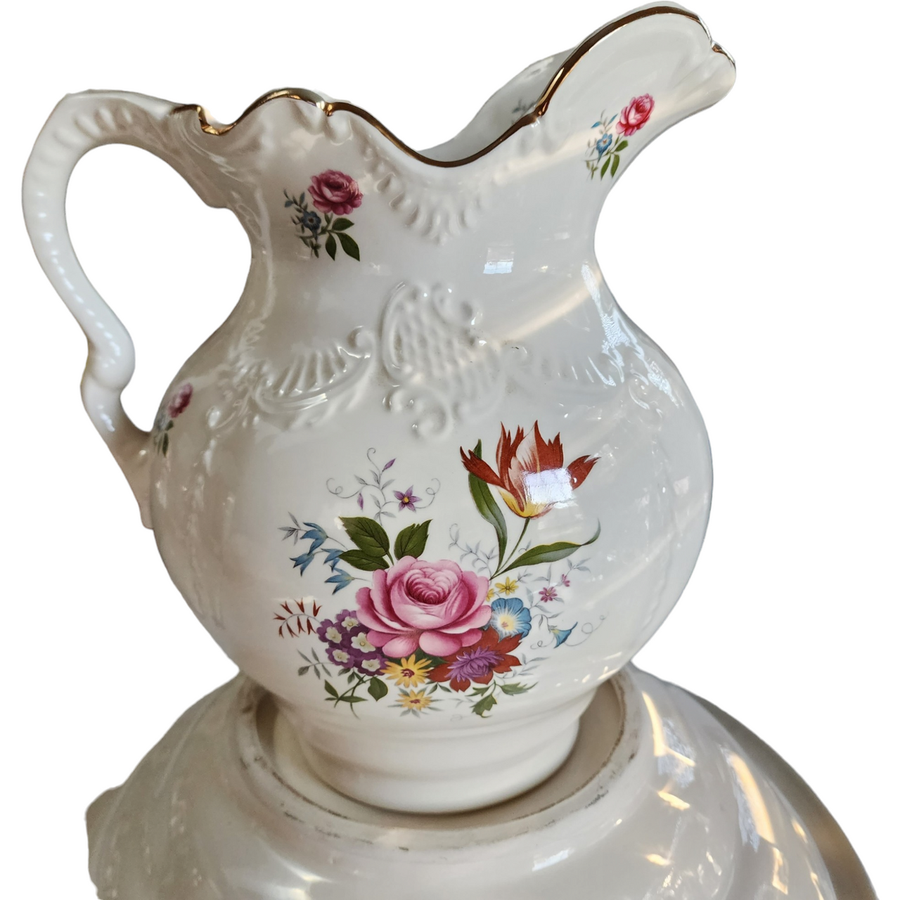 Antique White Floral Porcelain Wash Stand Set Pitcher & Bowl
