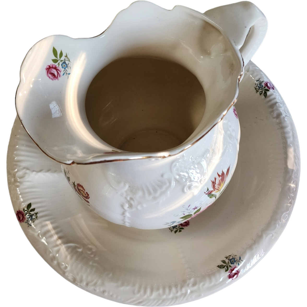Antique White Floral Porcelain Wash Stand Set Pitcher & Bowl