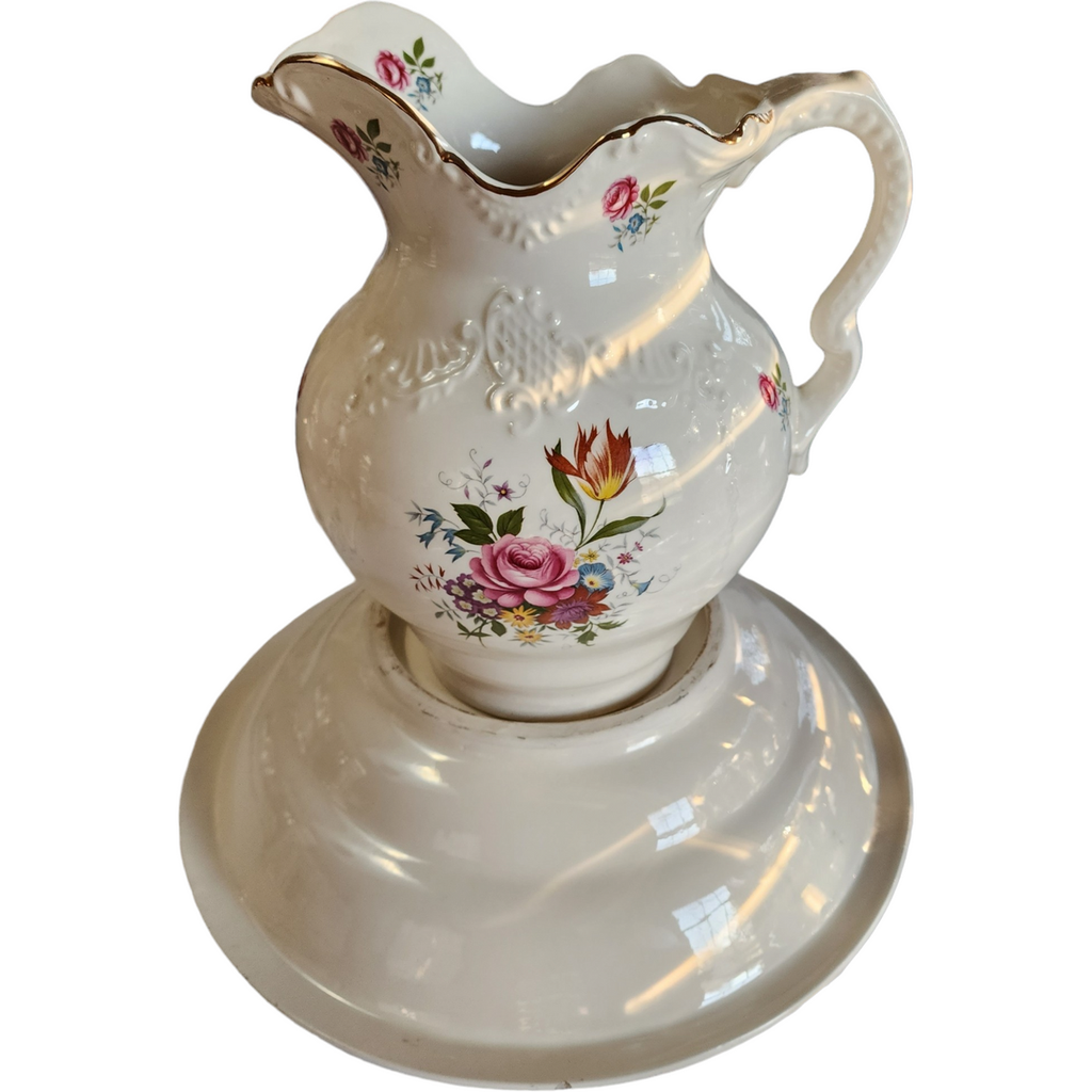 Antique White Floral Porcelain Wash Stand Set Pitcher & Bowl