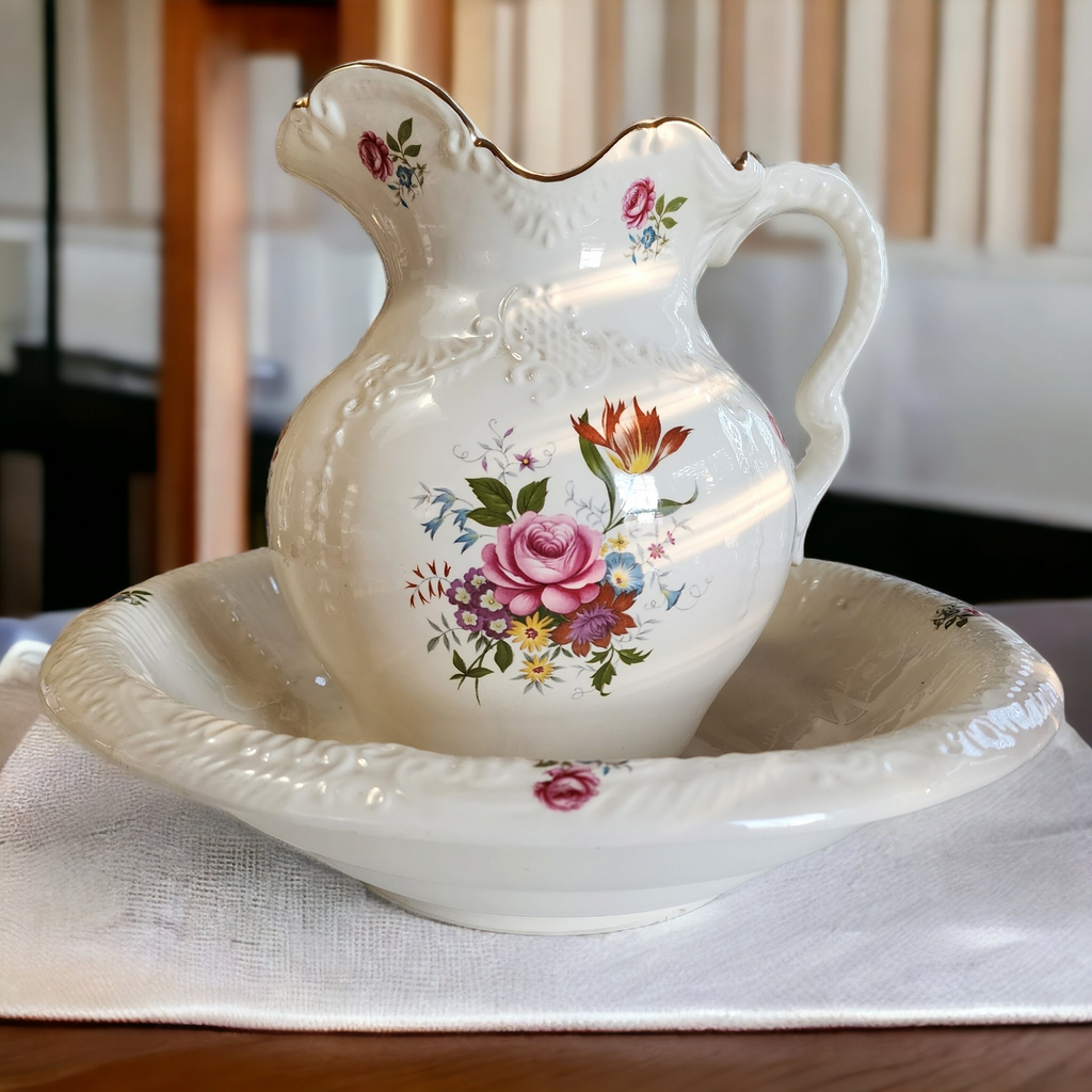 Antique White Floral Porcelain Wash Stand Set Pitcher & Bowl