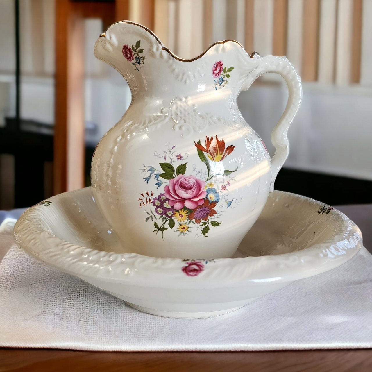 Antique White Floral Porcelain Wash Stand Set Pitcher & Bowl