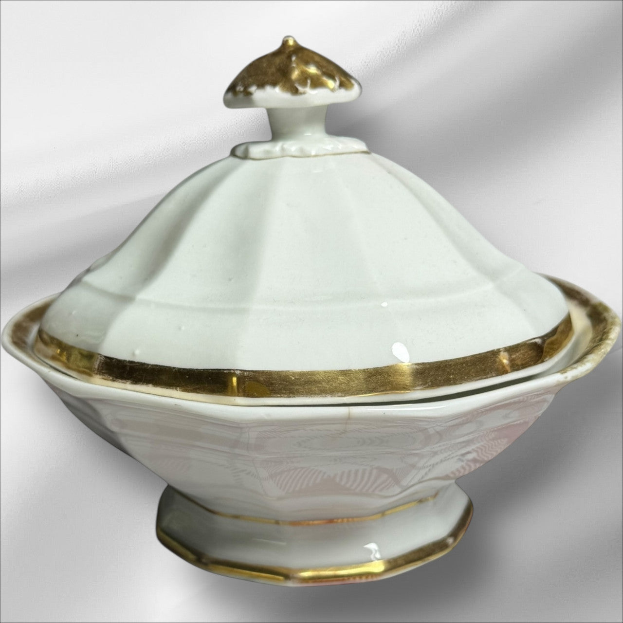 Antique White & Gold Porcelain Covered Serving Dish – Octagonal Tureen with Lid Early 20th Century Decorative Tableware