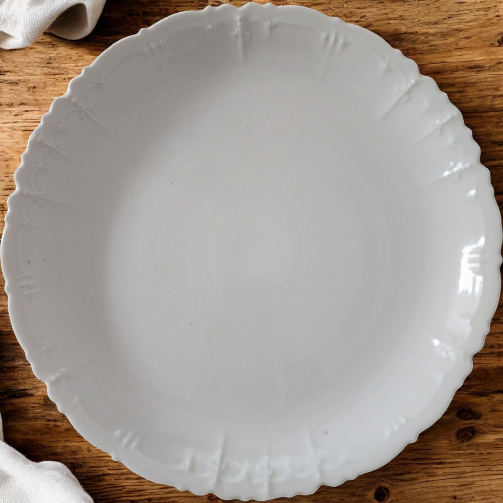 12" Antique White Ironstone Scalloped Edge Serving Bowl Embossed Pattern Circa 1890s–1910s