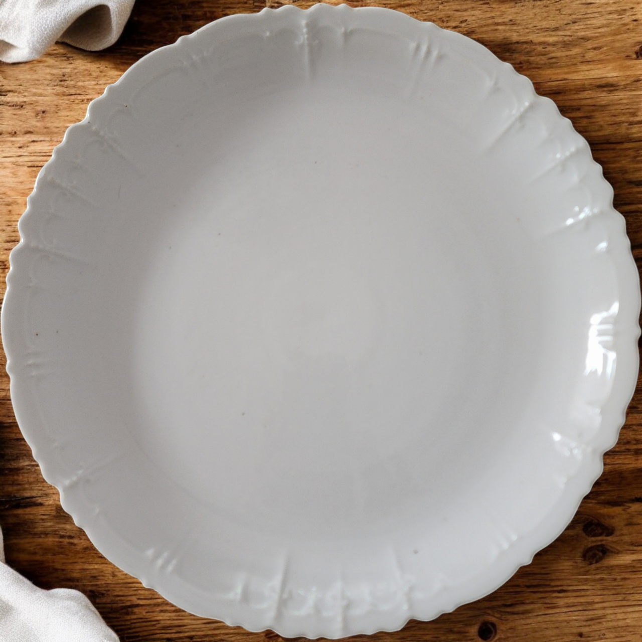 12" Antique White Ironstone Scalloped Edge Serving Bowl Embossed Pattern Circa 1890s–1910s