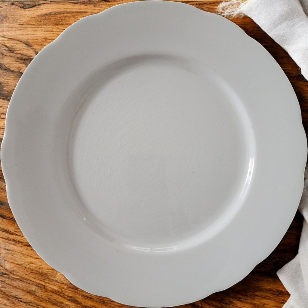 Antique William Ridgeway Ironstone Plate  Bishop Crown Backstamp  White Scalloped Staffordshire England c.1891–1910