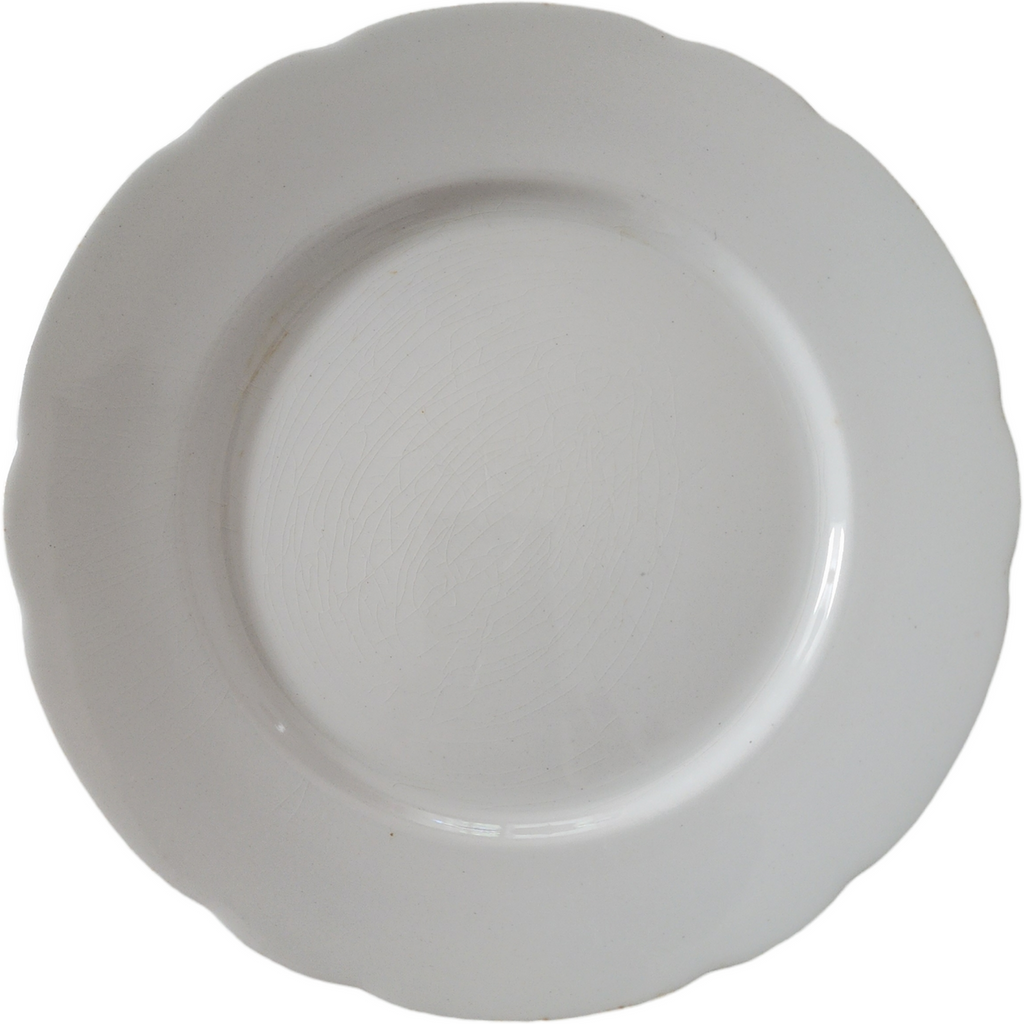 Antique William Ridgeway Ironstone Plate  Bishop Crown Backstamp  White Scalloped Staffordshire England c.1891–1910