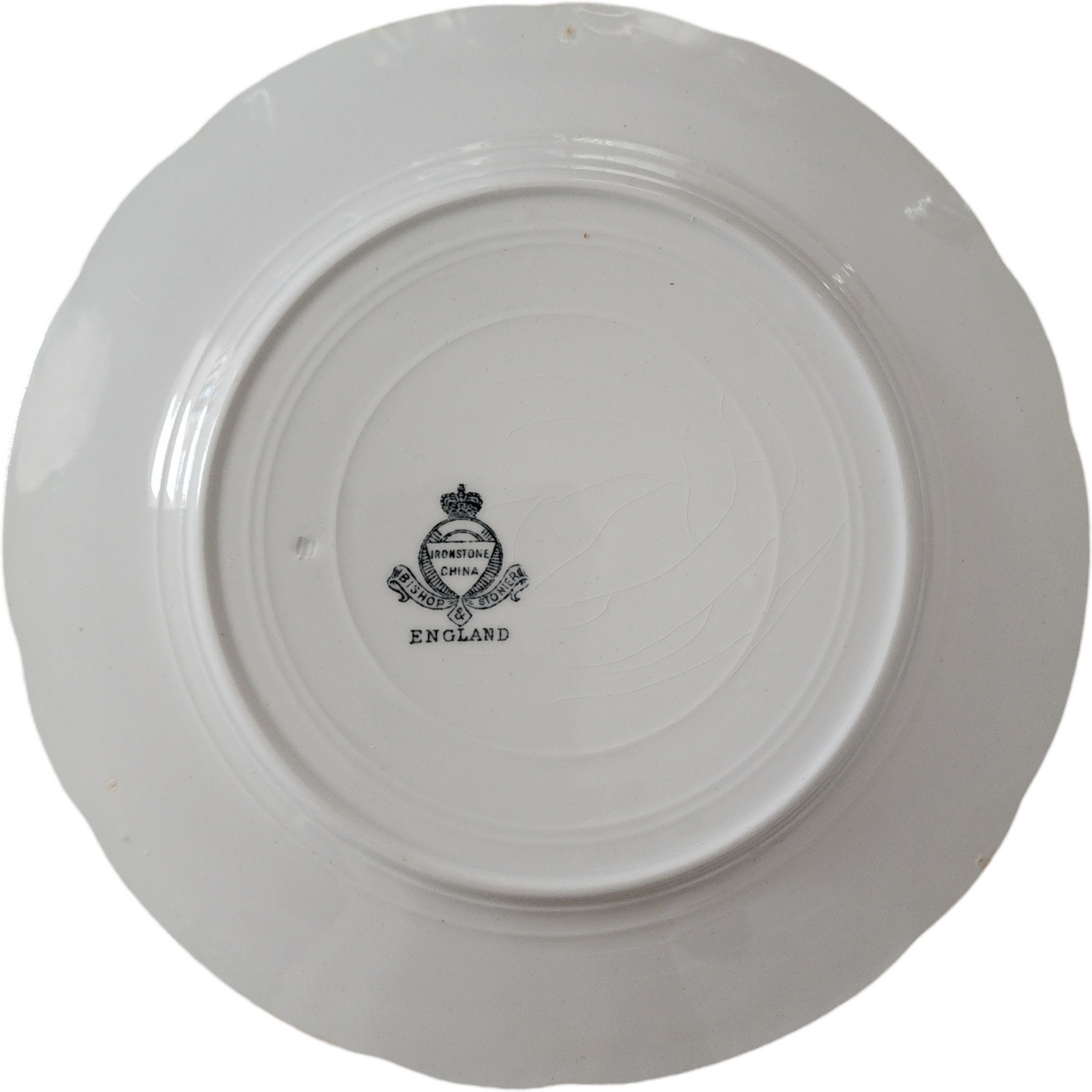 Antique William Ridgeway Ironstone Plate  Bishop Crown Backstamp  White Scalloped Staffordshire England c.1891–1910
