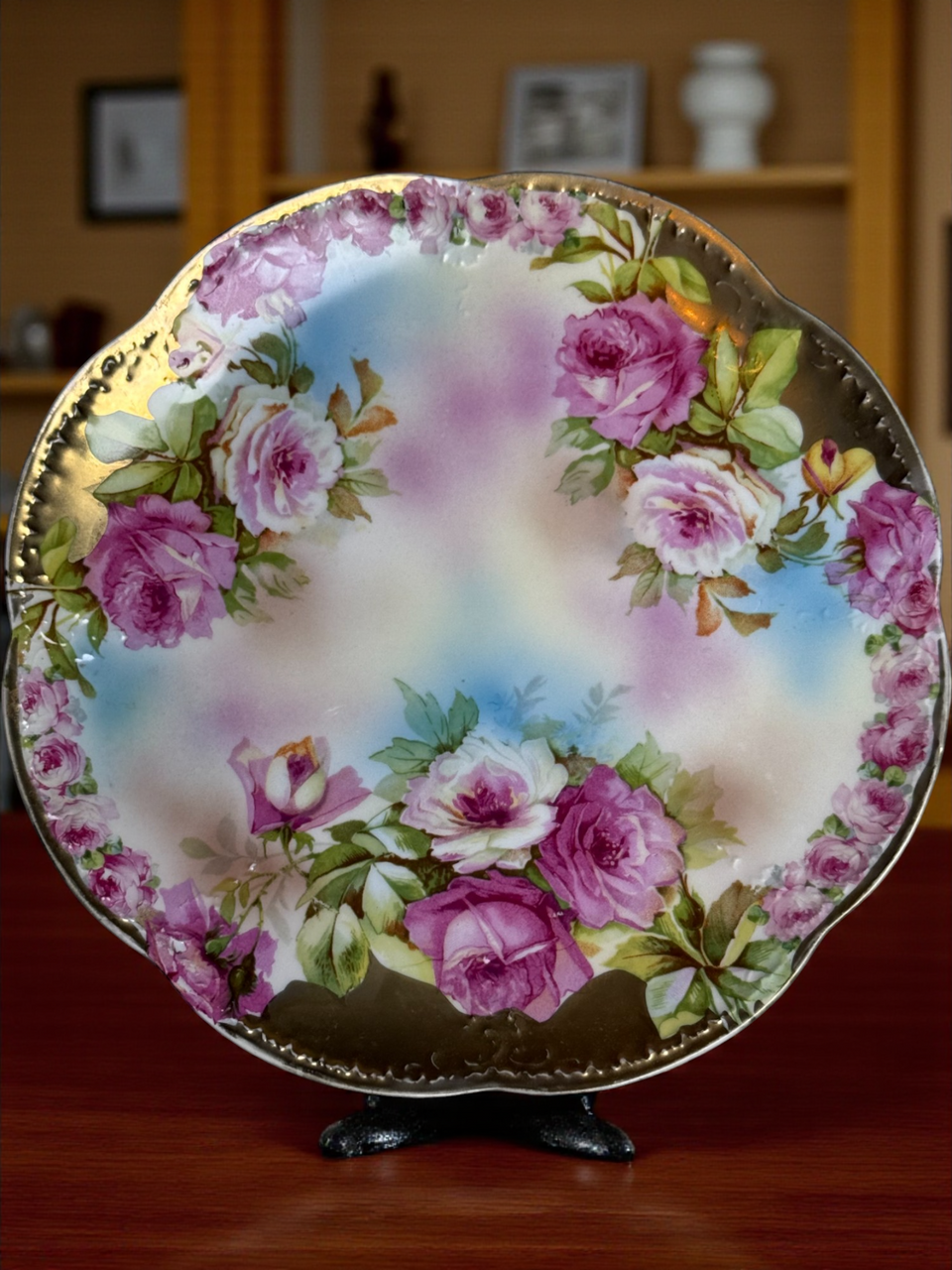 Antique Winterling Bavaria Hand-Painted Plate Pink Roses & Gold Trim Austria Export Early 20th Century Porcelain
