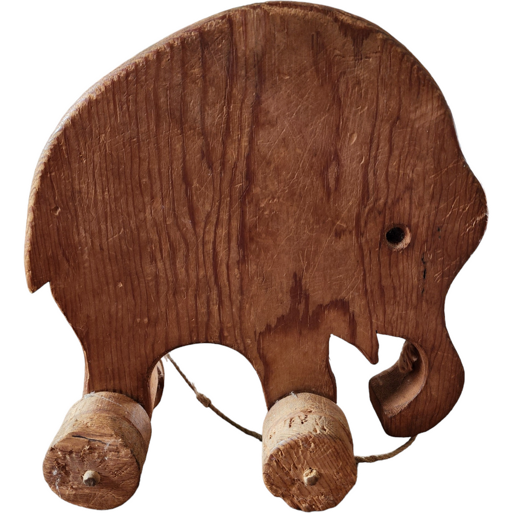 Antique Primitive Wooden Hand Carved Pull Toy Elephant