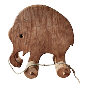 Antique Primitive Wooden Hand Carved Pull Toy Elephant