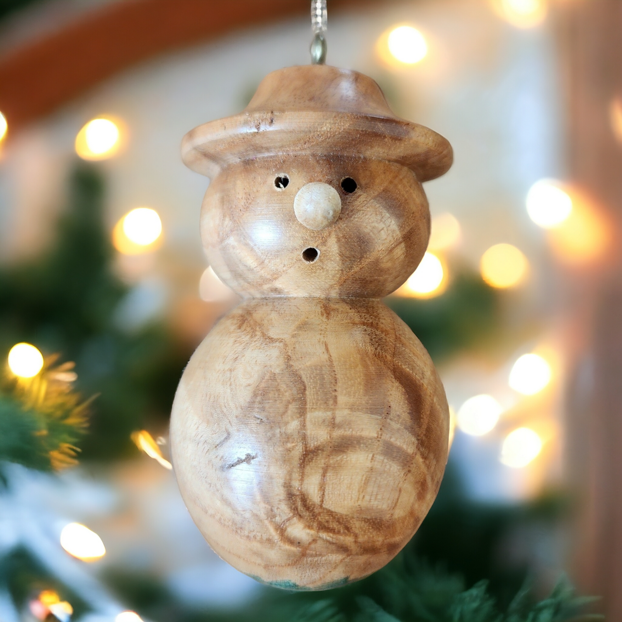 Antique Yellow Rosewood Snowman Handcrafted Christmas Ornament