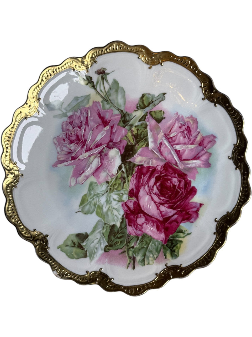 Antique Z.S.&Co Bavaria Porcelain Plate Hand Painted Pink Roses with Heavy Gold Trim Scalloped Edge Circa 1900s German Victorian Cabinet Plate
