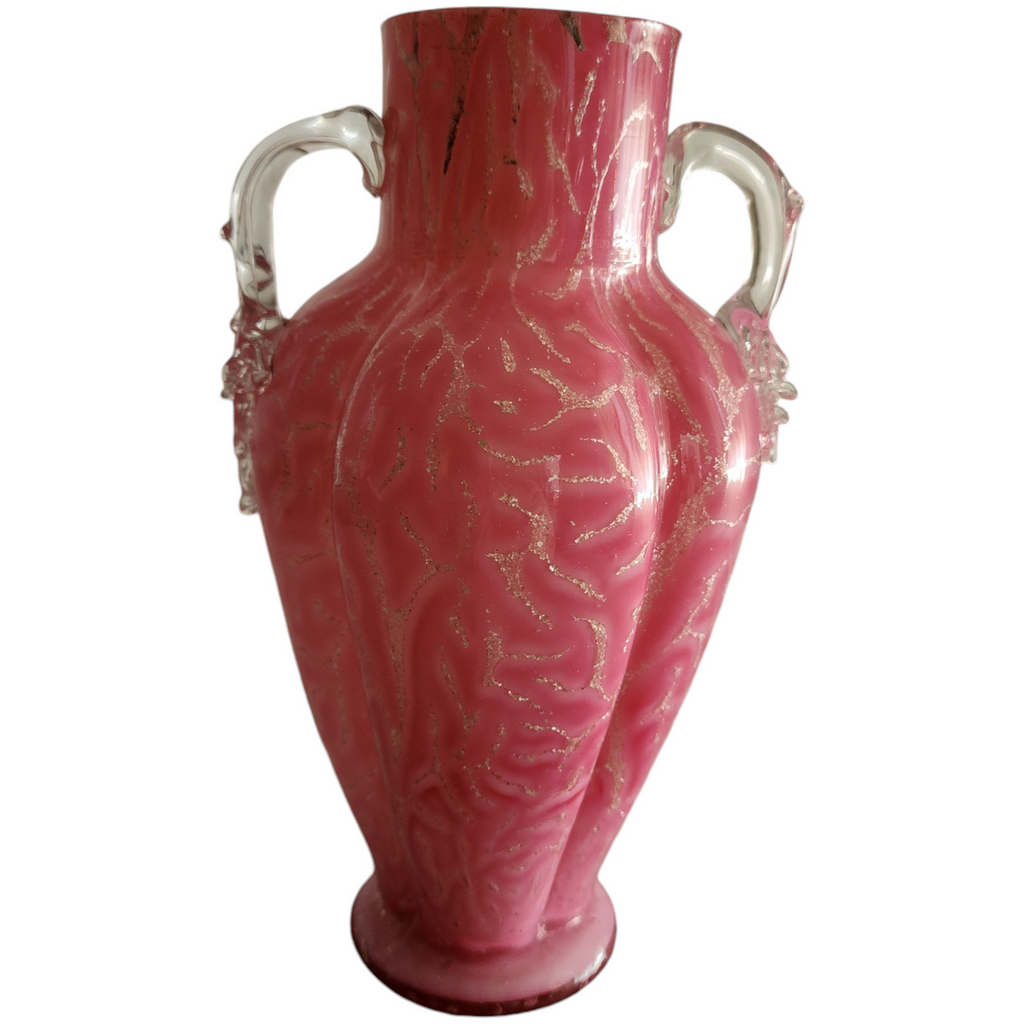 Antique English Pink Spangle Glass Vase with Clear Handles and Mica Flakes Detailing