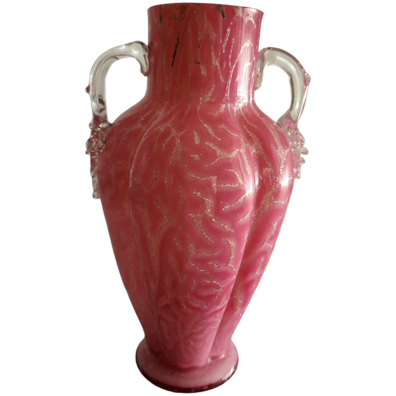 Antique English Pink Spangle Glass Vase with Clear Handles and Mica Flakes Detailing