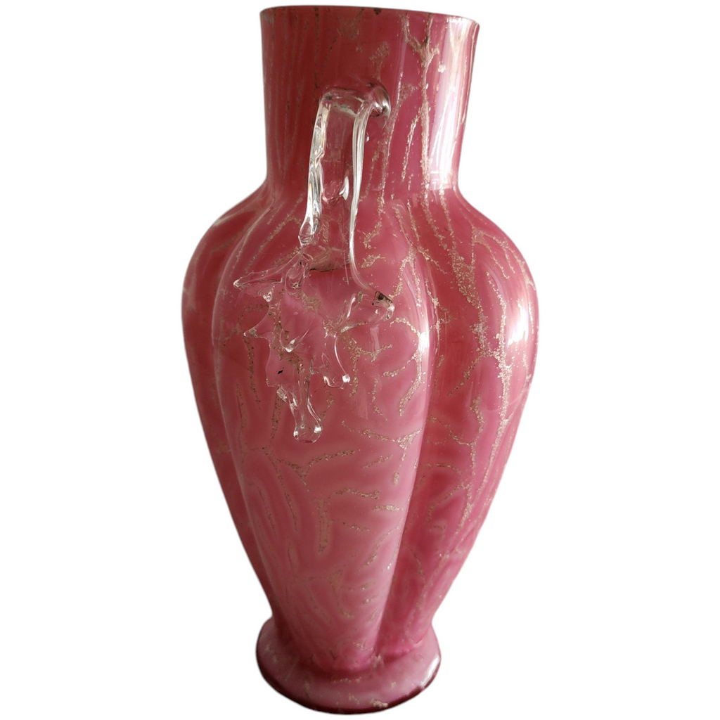 Antique English Pink Spangle Glass Vase with Clear Handles and Mica Flakes Detailing