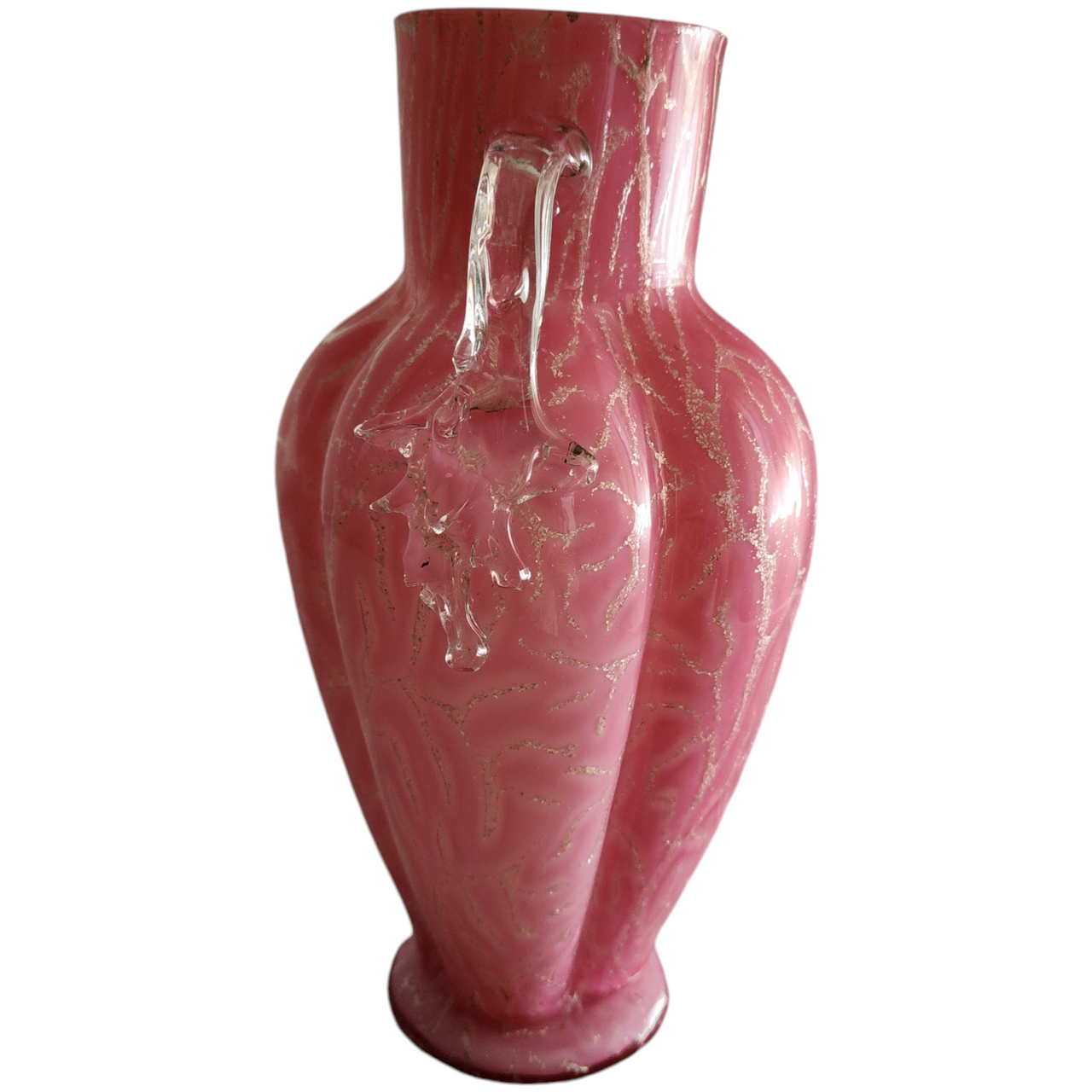 Antique English Pink Spangle Glass Vase with Clear Handles and Mica Flakes Detailing