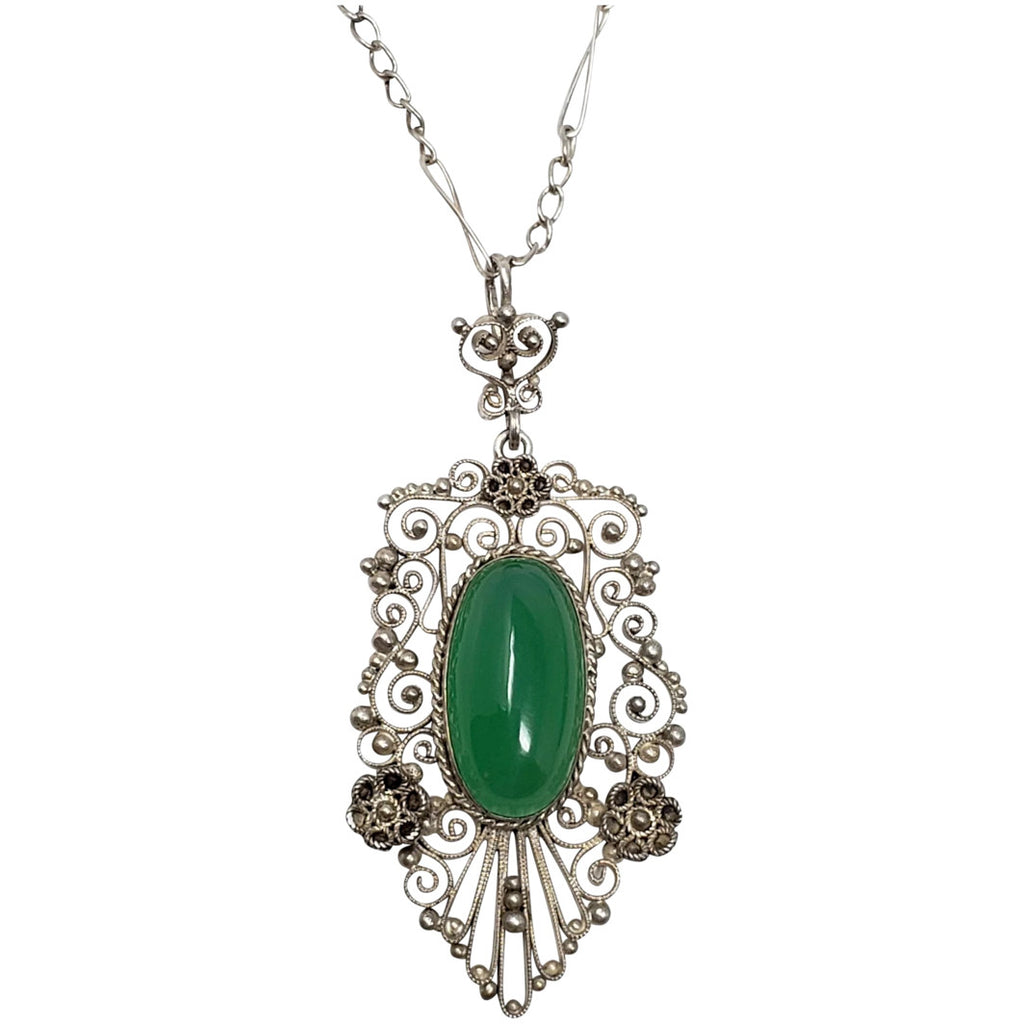 Art Nouveau Emerald Cabochon Art Glass Silver Necklace