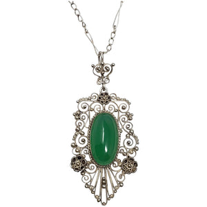 Art Nouveau Emerald Cabochon Art Glass Silver Necklace