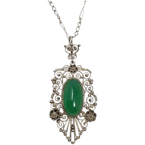 Art Nouveau Emerald Cabochon Art Glass Silver Necklace