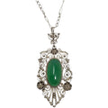 Art Nouveau Emerald Cabochon Art Glass Silver Necklace