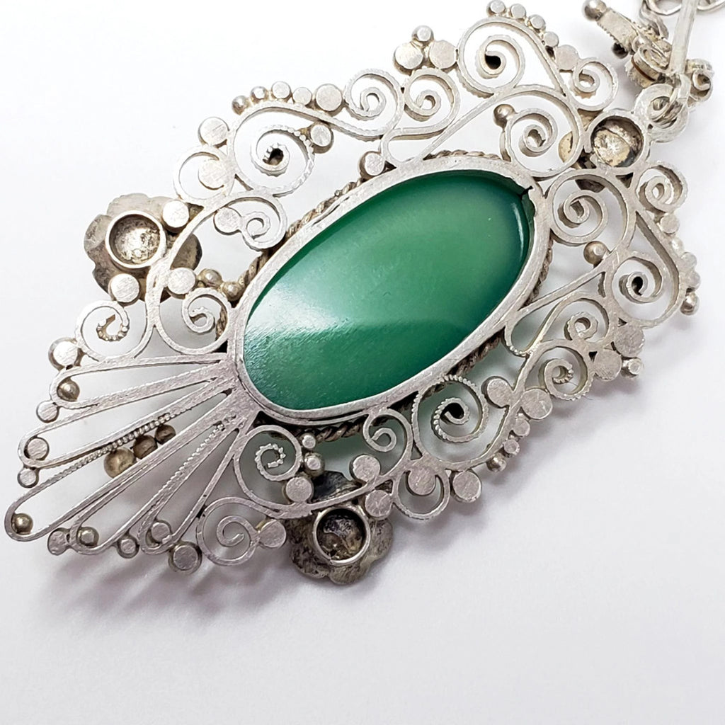 Art Nouveau Emerald Cabochon Art Glass Silver Necklace